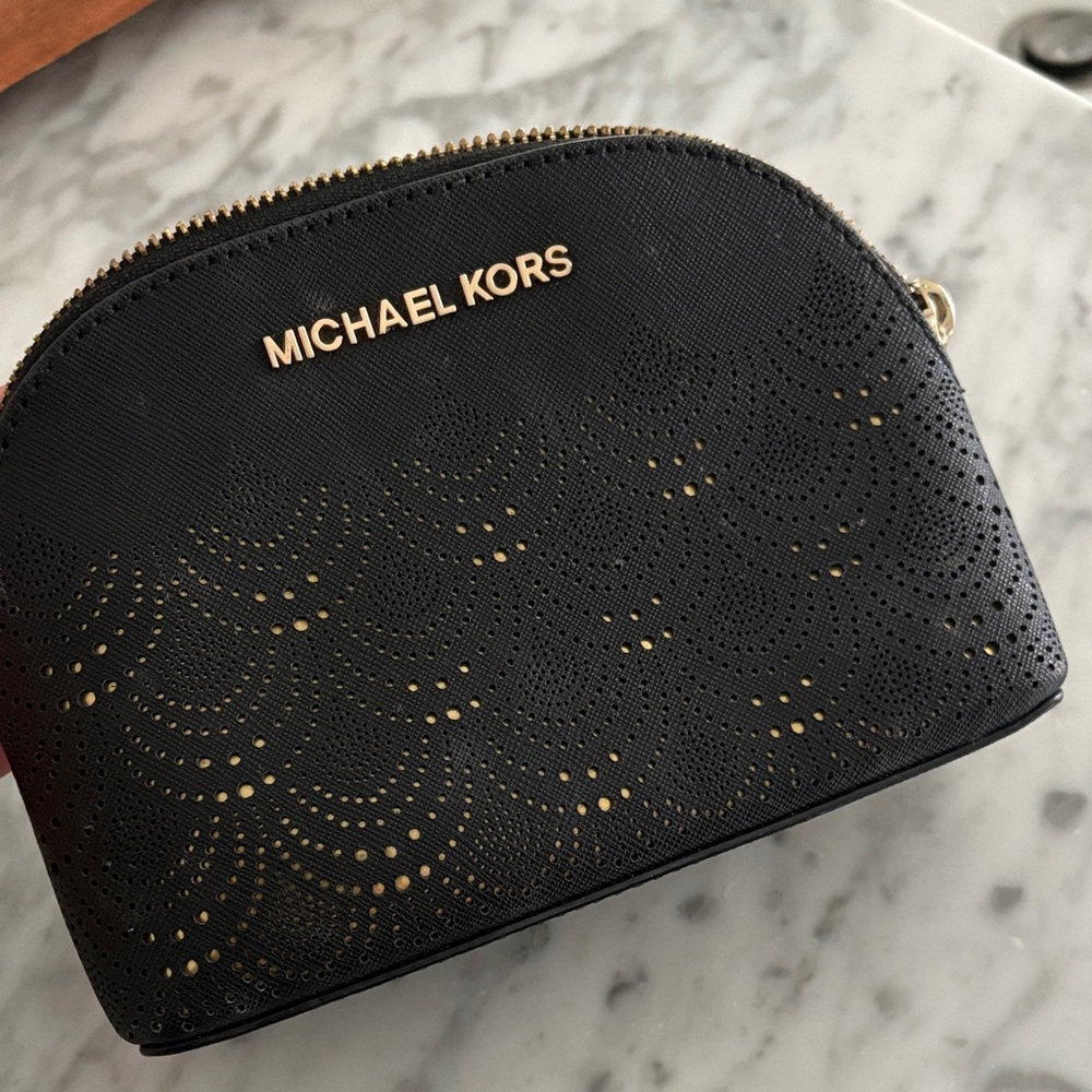 Michael Kors Black and Gold Leather Cosmetic Pouch